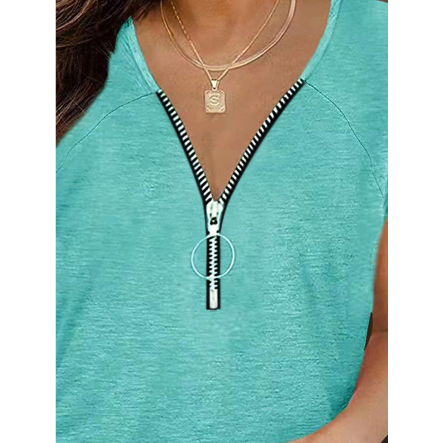 Full Size Half Zip Cap Sleeve T-Shirt Apparel and Accessories