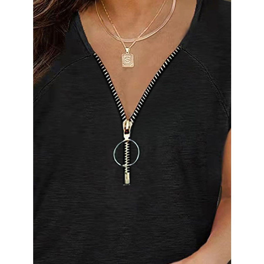 Full Size Half Zip Cap Sleeve T-Shirt Black / S Apparel and Accessories