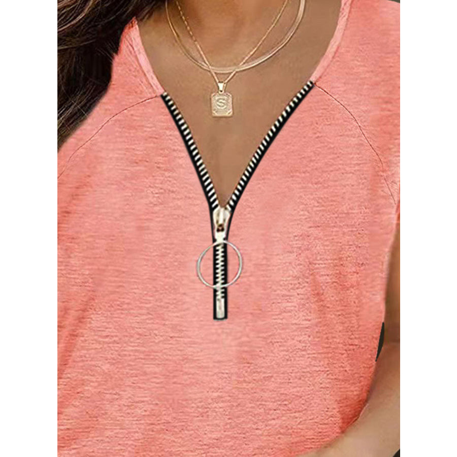 Full Size Half Zip Cap Sleeve T-Shirt Apparel and Accessories