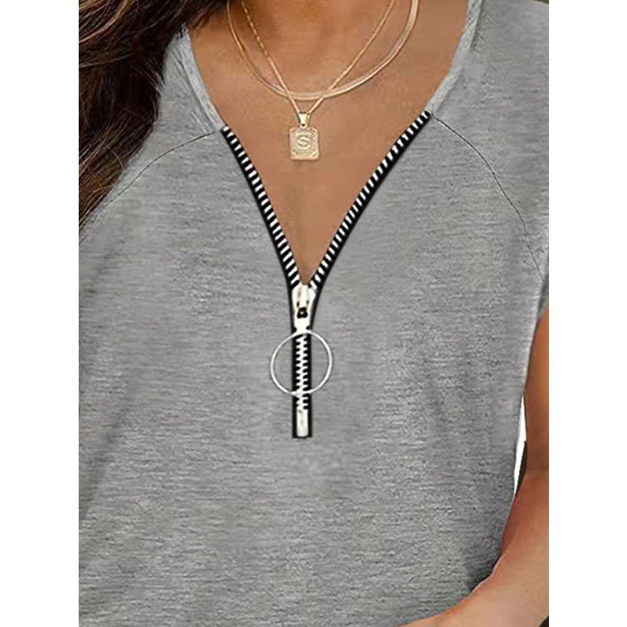 Full Size Half Zip Cap Sleeve T-Shirt Apparel and Accessories