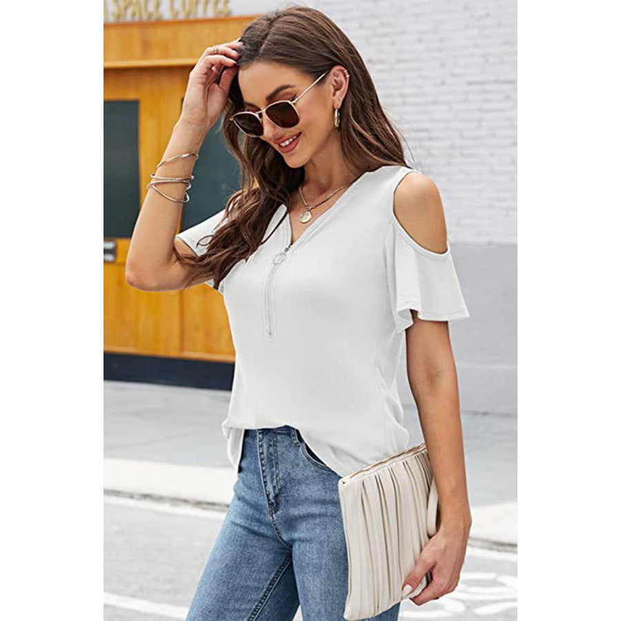 Full Size Half Zip Cold Shoulder Top Apparel and Accessories