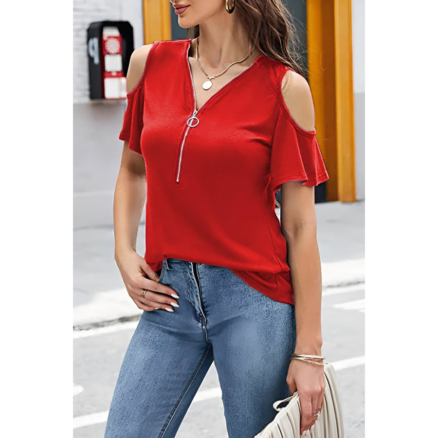 Full Size Half Zip Cold Shoulder Top Apparel and Accessories