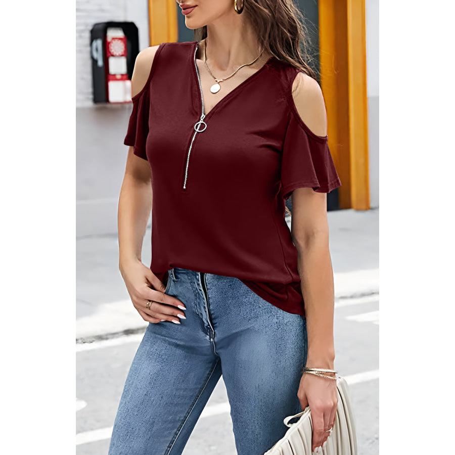 Full Size Half Zip Cold Shoulder Top Apparel and Accessories