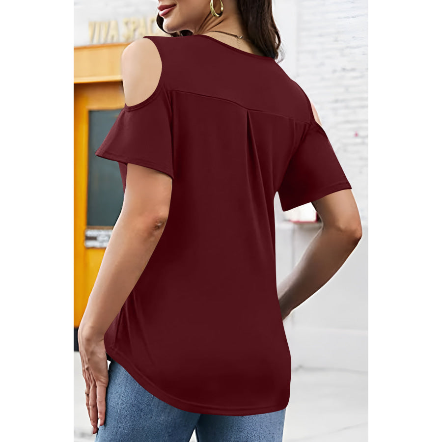 Full Size Half Zip Cold Shoulder Top Burgundy / S Apparel and Accessories