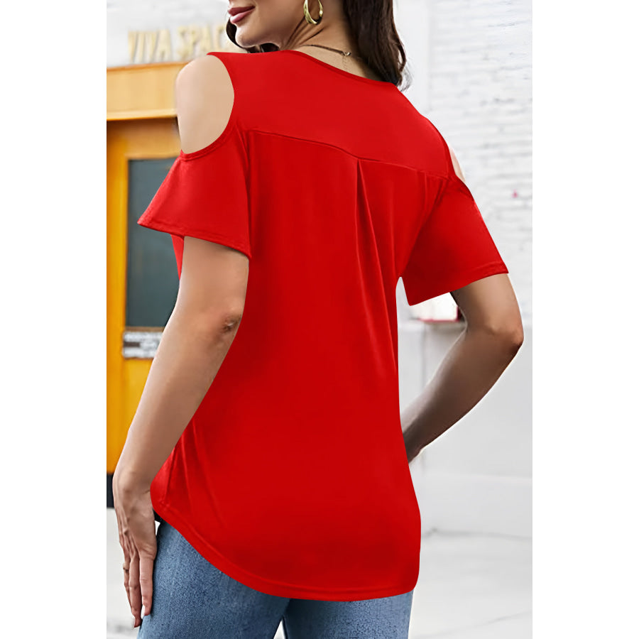 Full Size Half Zip Cold Shoulder Top Red / S Apparel and Accessories