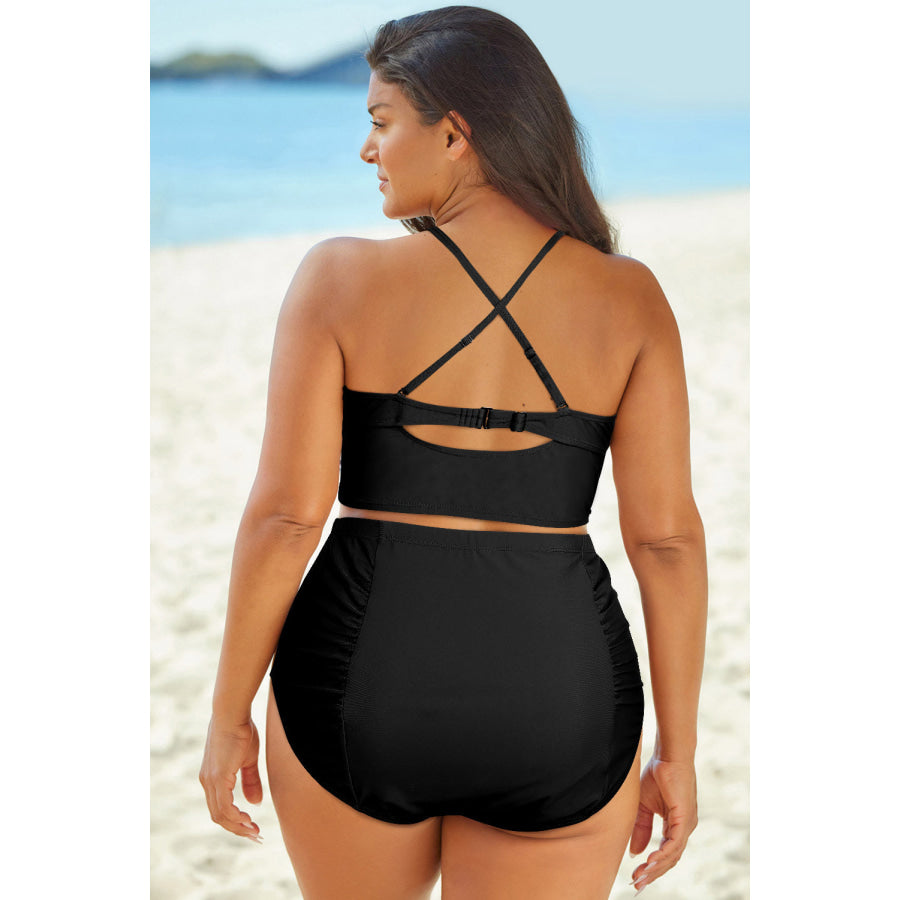 Full Size Halter Neck Crisscross Ruched Two-Piece Swimsuit Black / M Apparel and Accessories