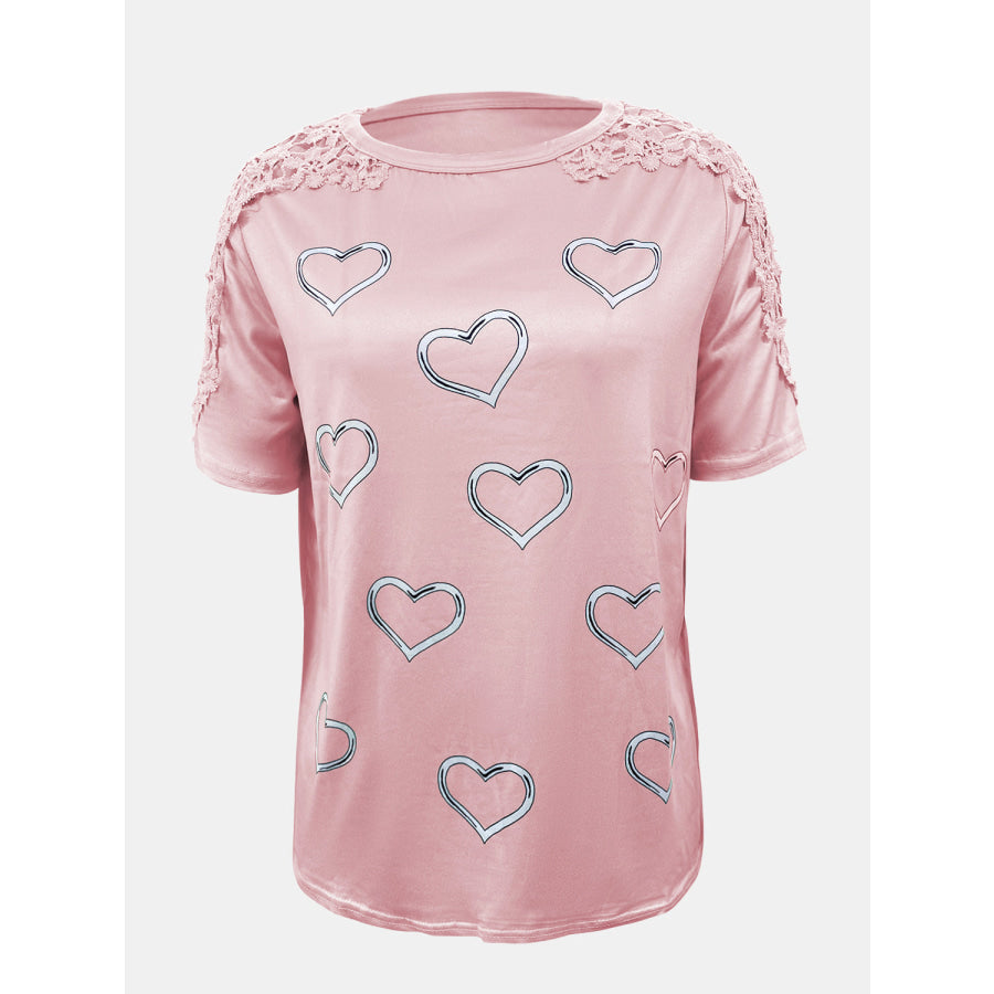 Full Size Lace Detail Heart Round Neck Short Sleeve Top Apparel and Accessories