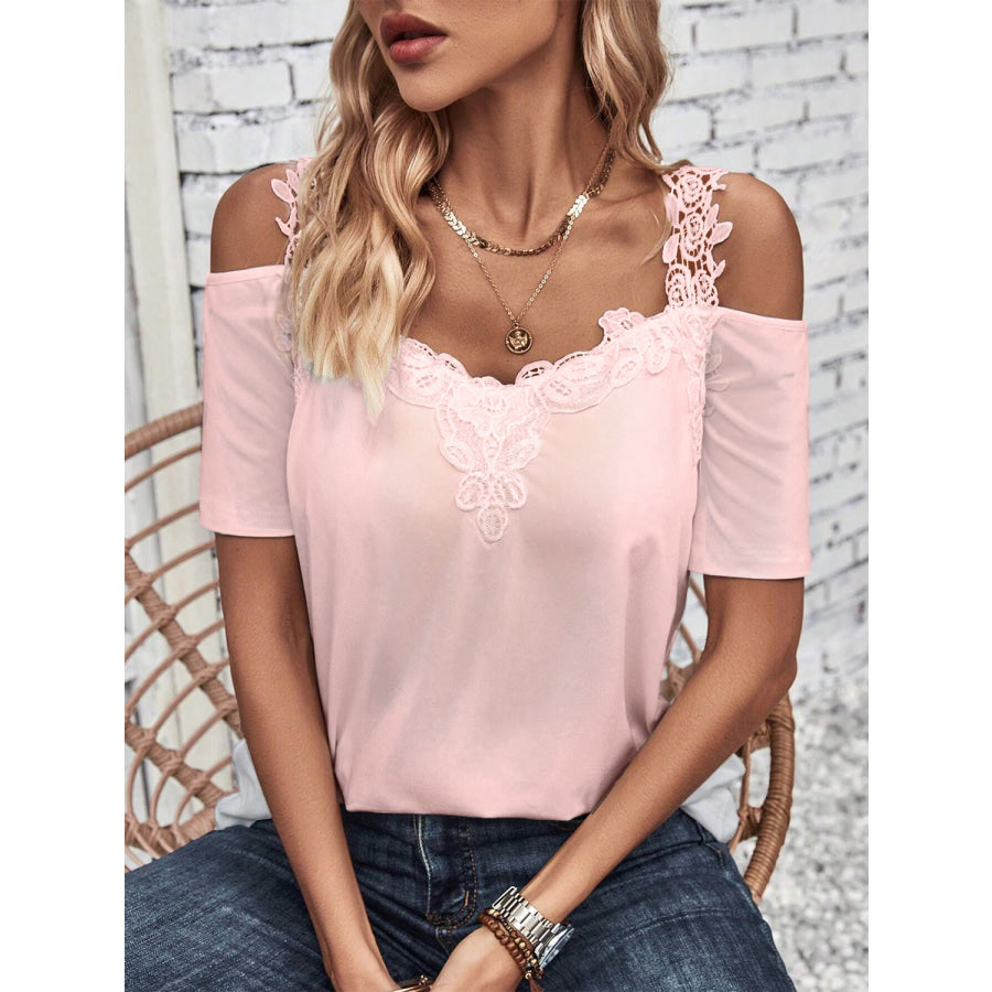 Full Size Lace Detail Short Sleeve T-Shirt Dusty Pink / S Apparel and Accessories