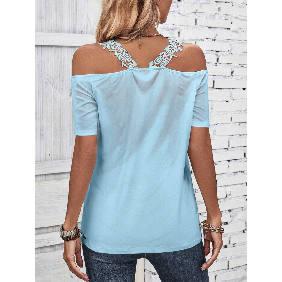 Full Size Lace Detail Short Sleeve T-Shirt Pastel Blue / S Apparel and Accessories