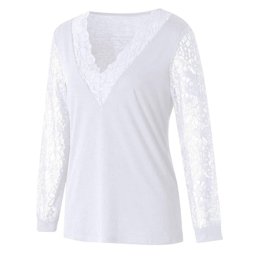 Full Size Lace Detail V-Neck Long Sleeve Blouse Apparel and Accessories