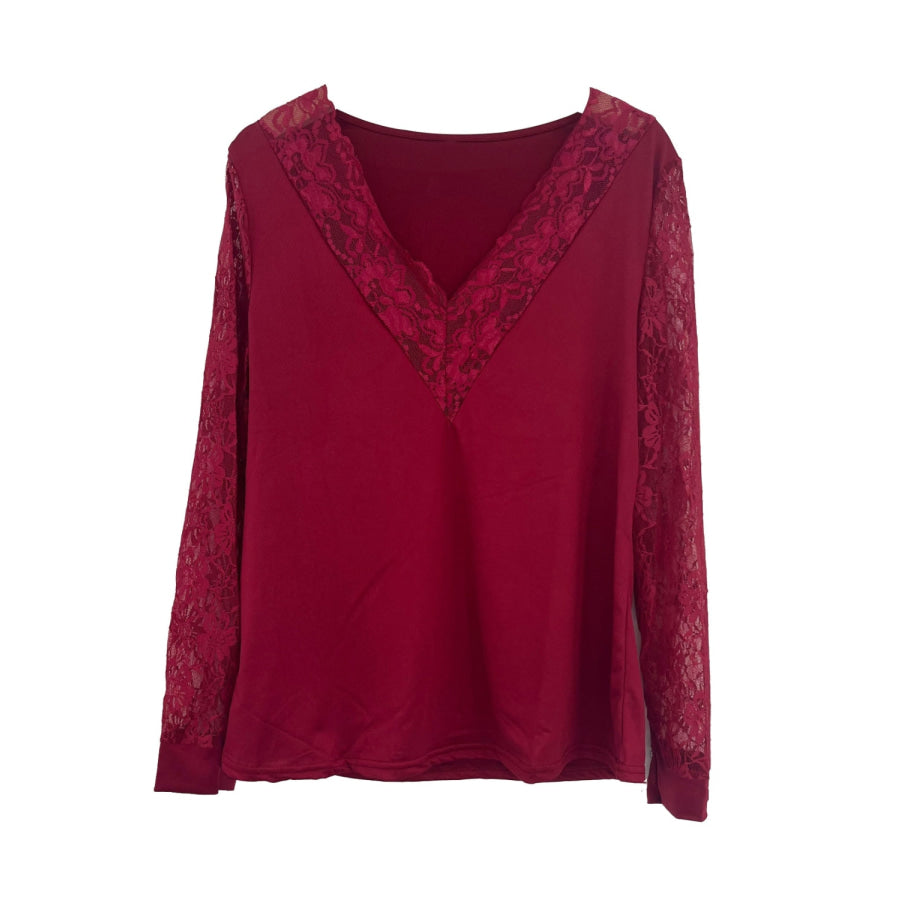 Full Size Lace Detail V-Neck Long Sleeve Blouse Apparel and Accessories