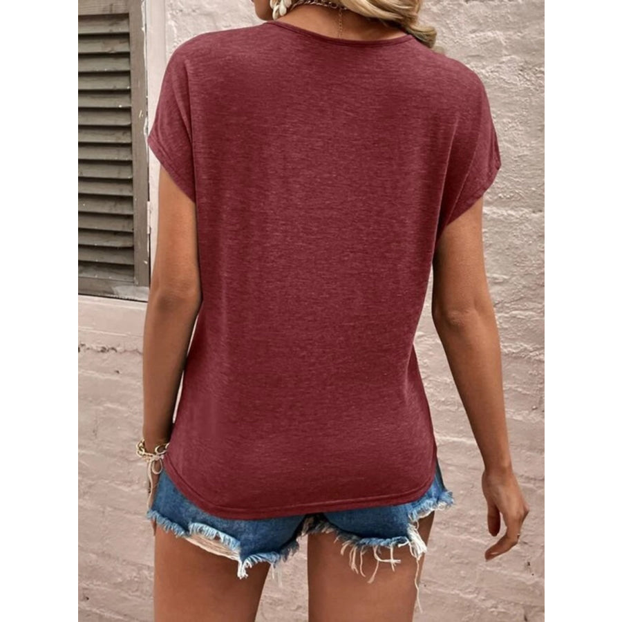 Full Size Lace Detail V - Neck Short Sleeve T - Shirt Apparel and Accessories