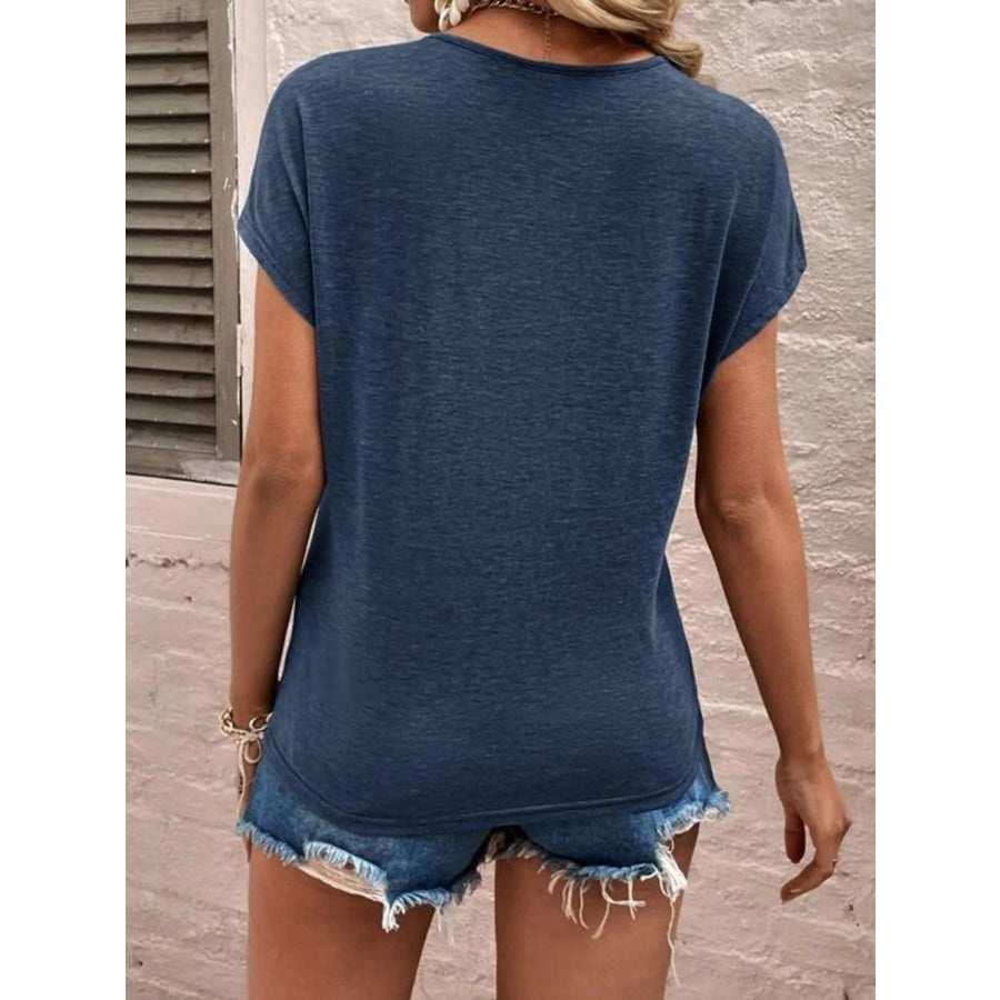 Full Size Lace Detail V - Neck Short Sleeve T - Shirt Apparel and Accessories