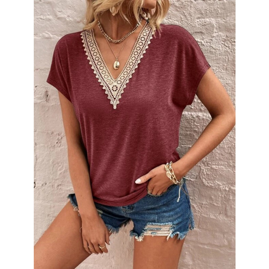 Full Size Lace Detail V - Neck Short Sleeve T - Shirt Apparel and Accessories