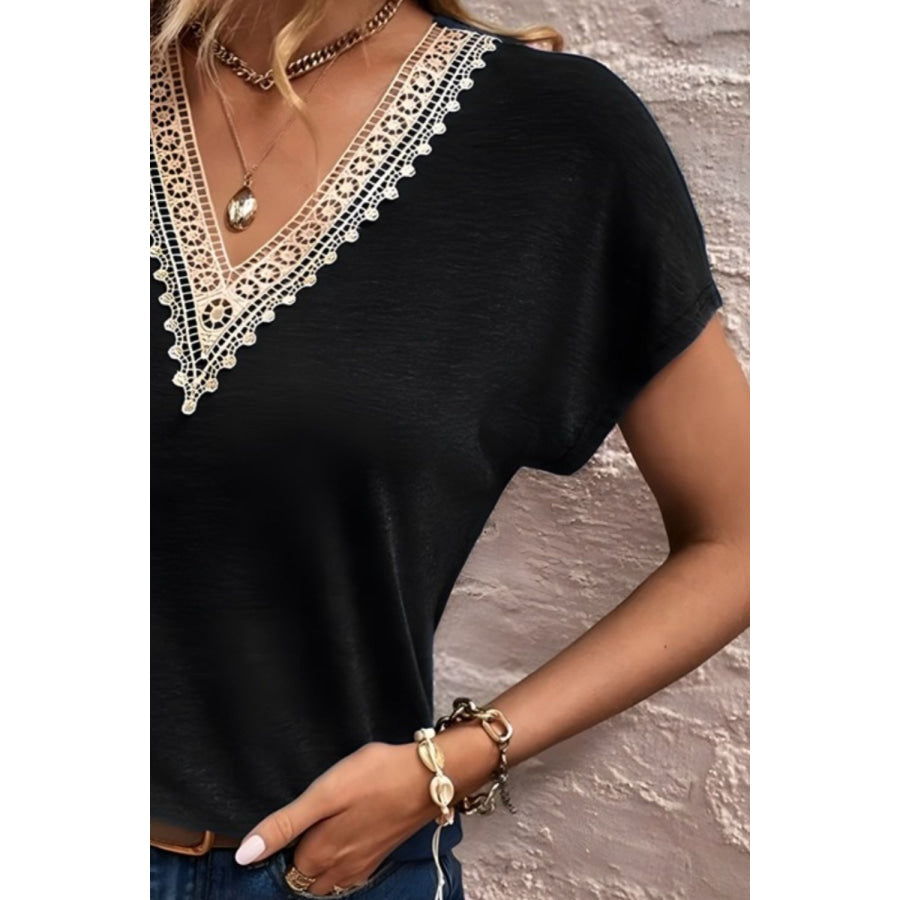 Full Size Lace Detail V - Neck Short Sleeve T - Shirt Apparel and Accessories