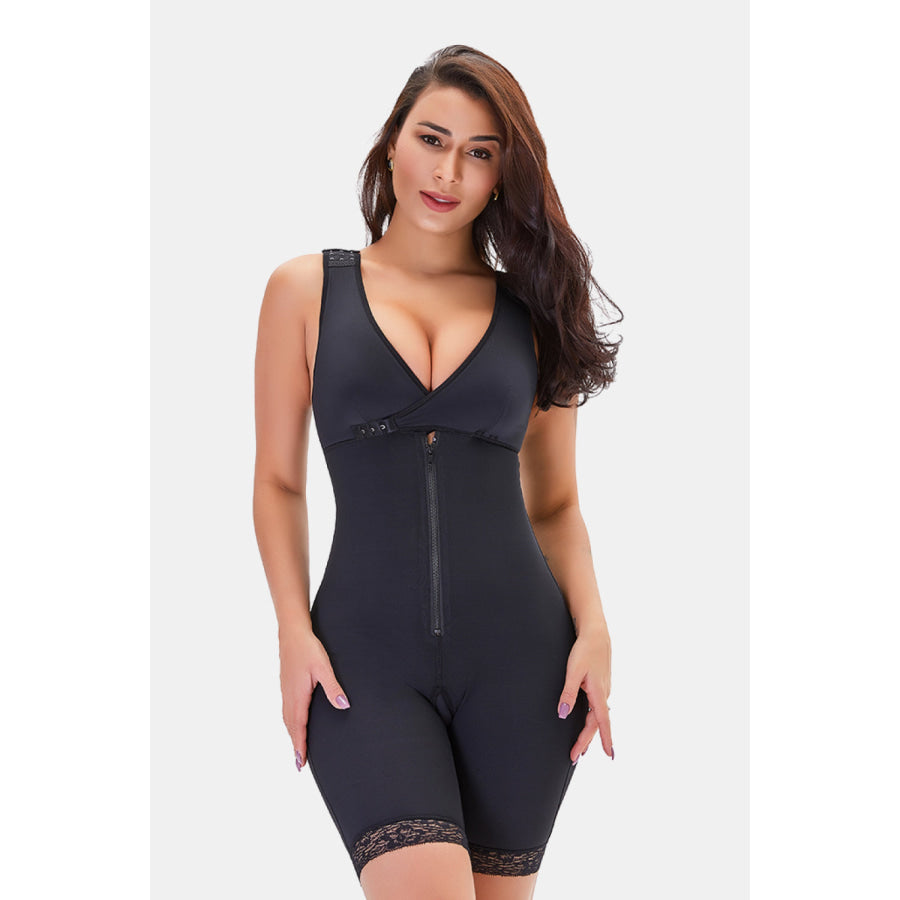 Full Size Lace Trim Shapewear with Zipper Black / S