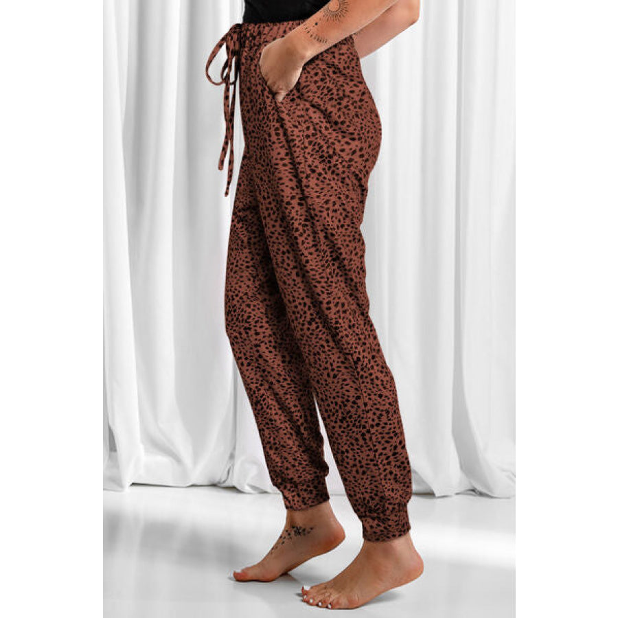Full Size Leopard Drawstring Pocketed Pants Clothing