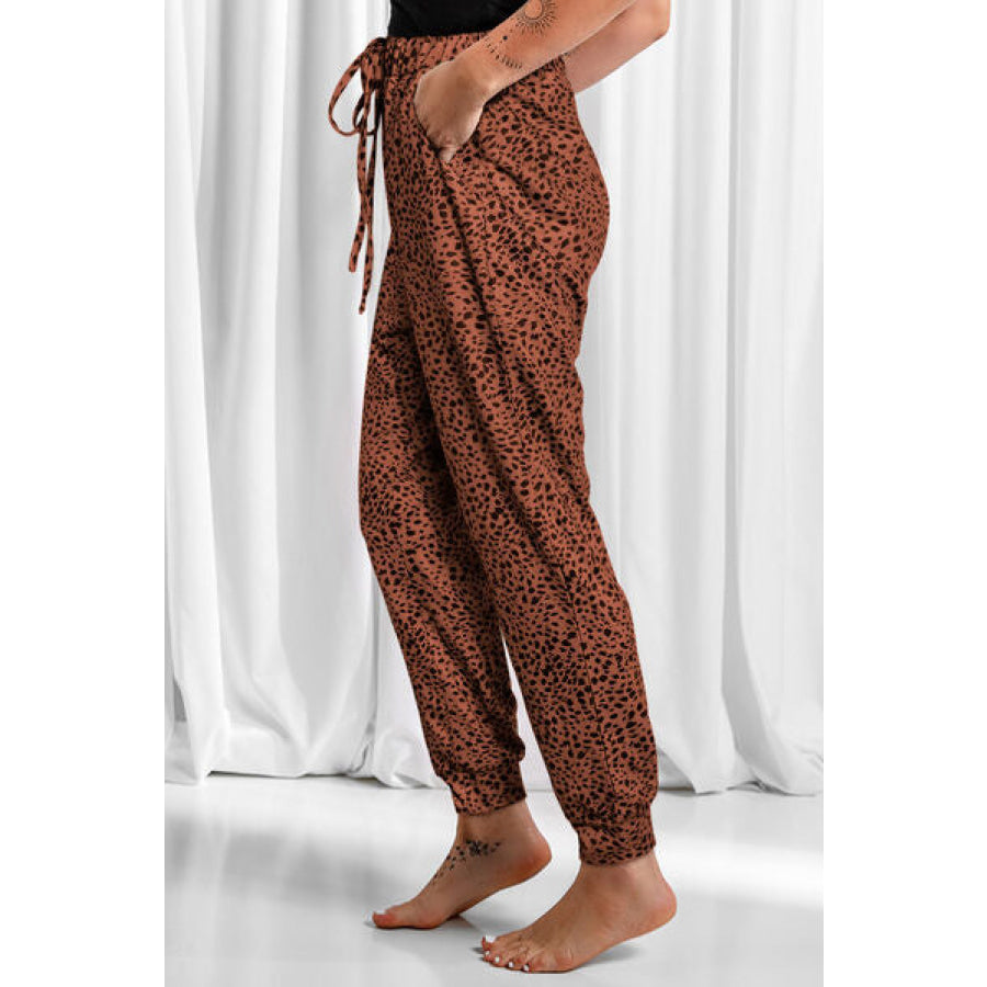 Full Size Leopard Drawstring Pocketed Pants Clothing
