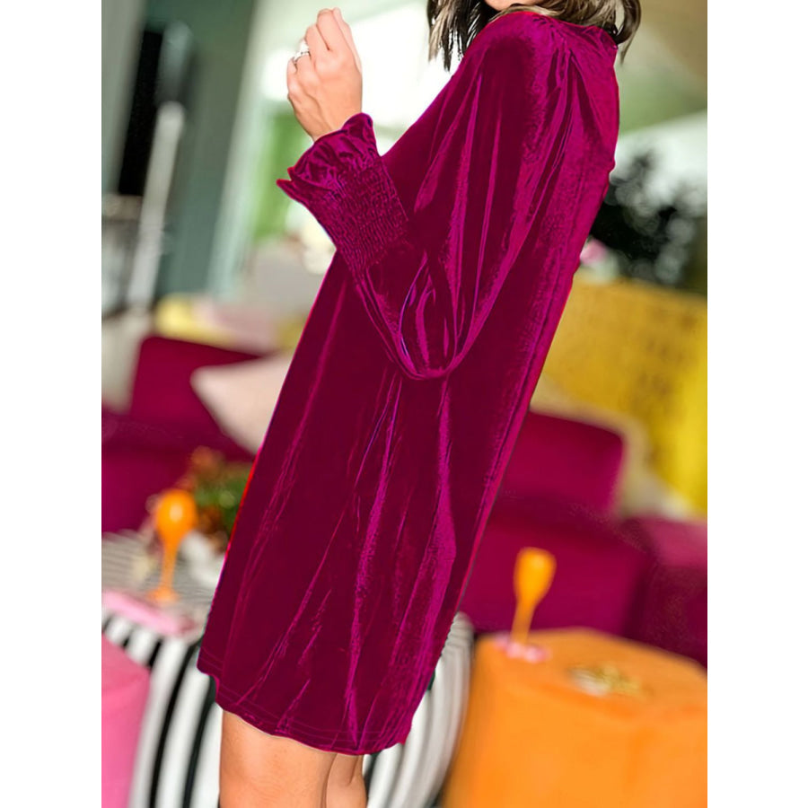 Full Size Mock Neck Smocked Long Sleeve Mini Dress Apparel and Accessories
