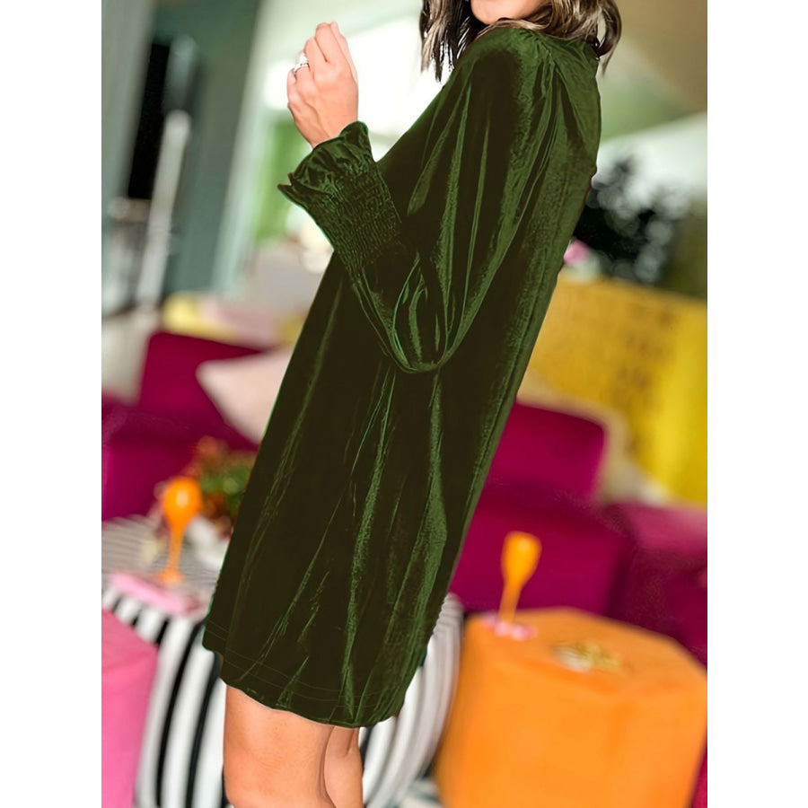 Full Size Mock Neck Smocked Long Sleeve Mini Dress Apparel and Accessories