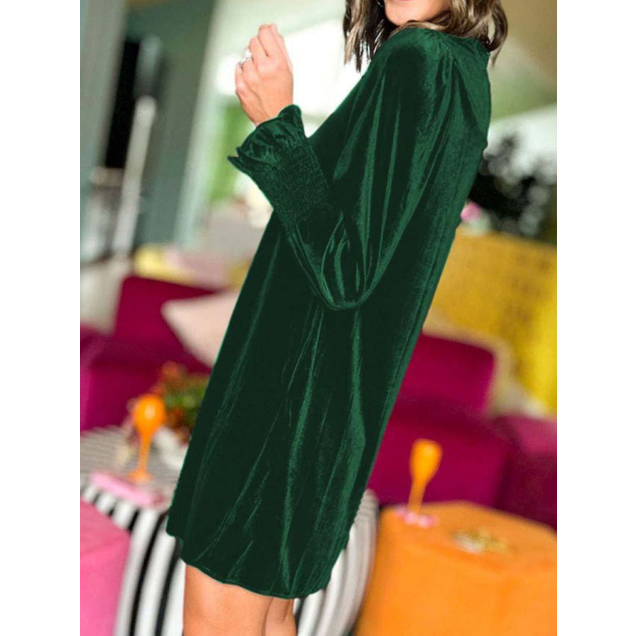 Full Size Mock Neck Smocked Long Sleeve Mini Dress Apparel and Accessories