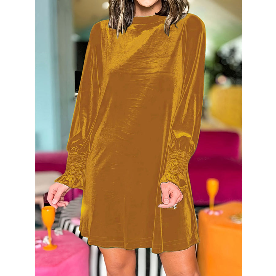 Full Size Mock Neck Smocked Long Sleeve Mini Dress Apparel and Accessories