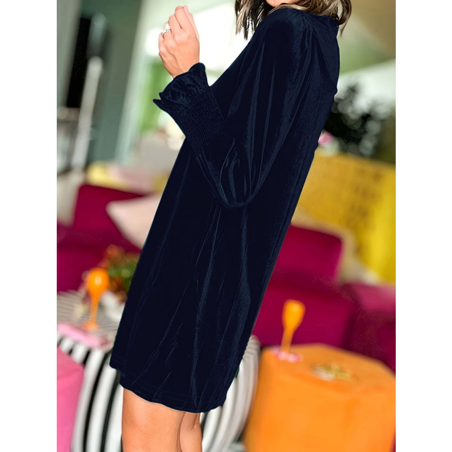 Full Size Mock Neck Smocked Long Sleeve Mini Dress Apparel and Accessories