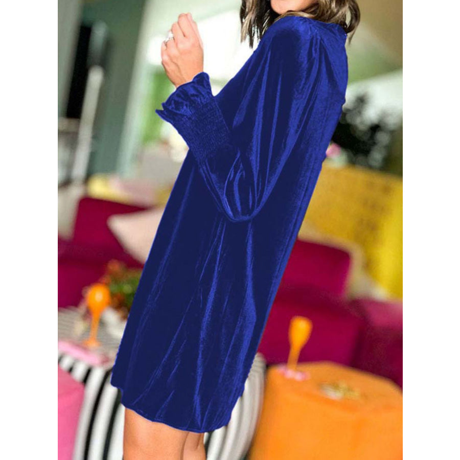 Full Size Mock Neck Smocked Long Sleeve Mini Dress Apparel and Accessories