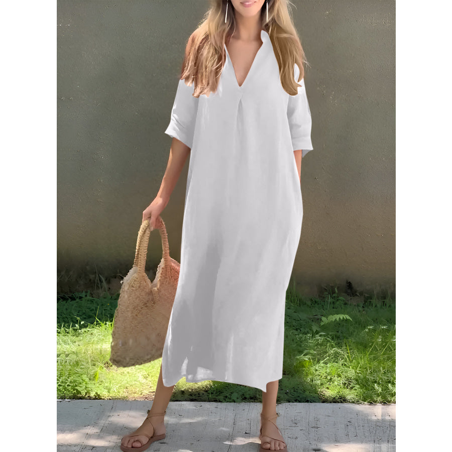 Full Size Notched Half Sleeve Midi Dress Apparel and Accessories