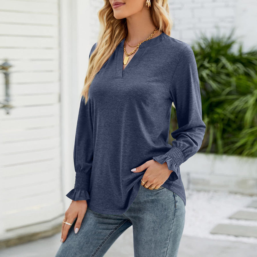 Full Size Notched Long Sleeve T-Shirt Apparel and Accessories