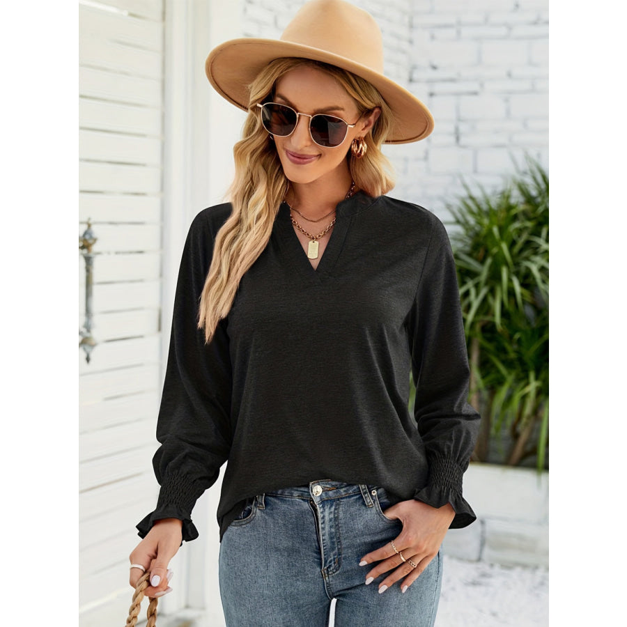 Full Size Notched Long Sleeve T-Shirt Black / S Apparel and Accessories