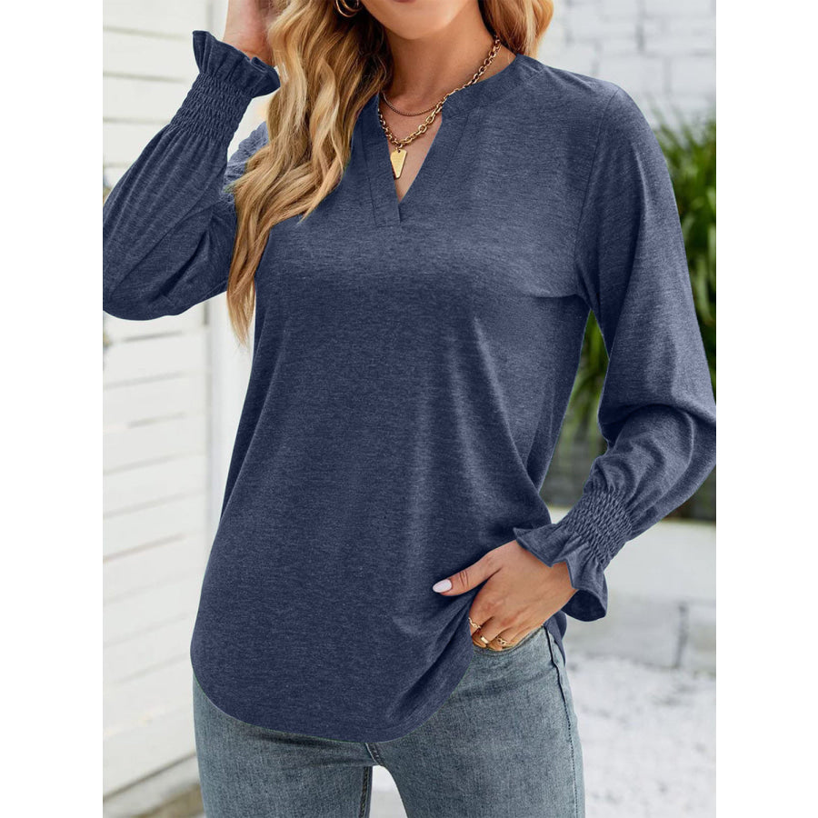 Full Size Notched Long Sleeve T-Shirt Indigo / S Apparel and Accessories