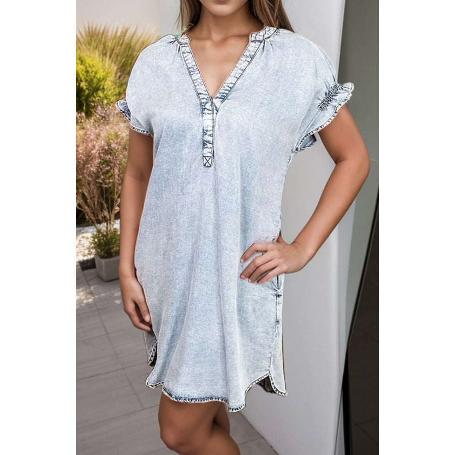 Full Size Notched Short Sleeve Denim Dress Light / S Apparel and Accessories