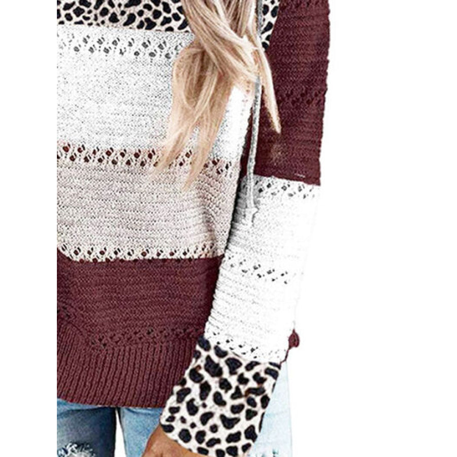 Full Size Openwork Leopard Drawstring Hooded Sweater Apparel and Accessories