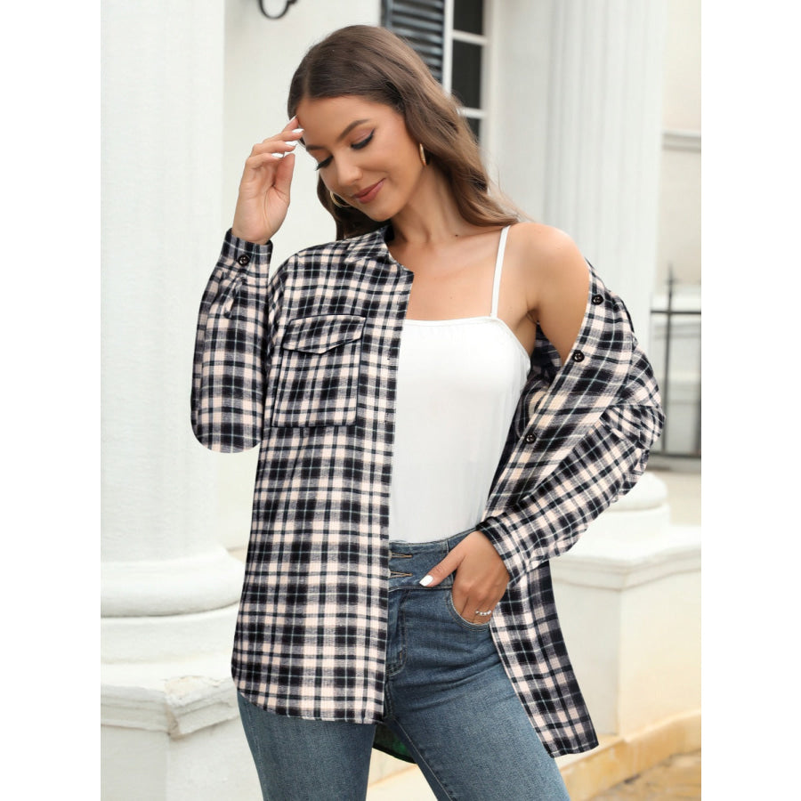 Full Size Plaid Button Up Pocketed Shirt Apparel and Accessories