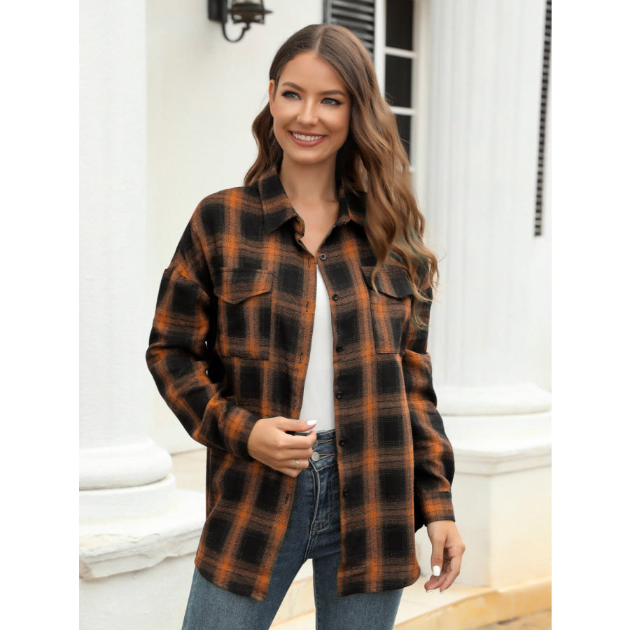 Full Size Plaid Button Up Pocketed Shirt Apparel and Accessories