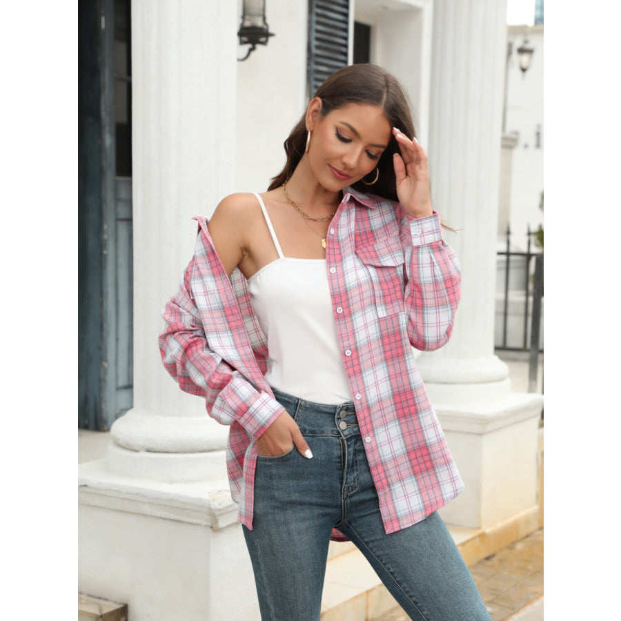 Full Size Plaid Button Up Pocketed Shirt Apparel and Accessories