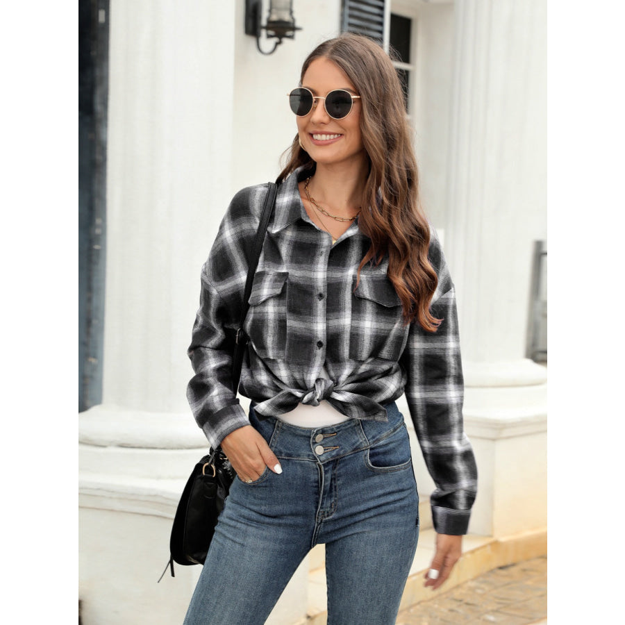Full Size Plaid Button Up Pocketed Shirt Black / S Apparel and Accessories