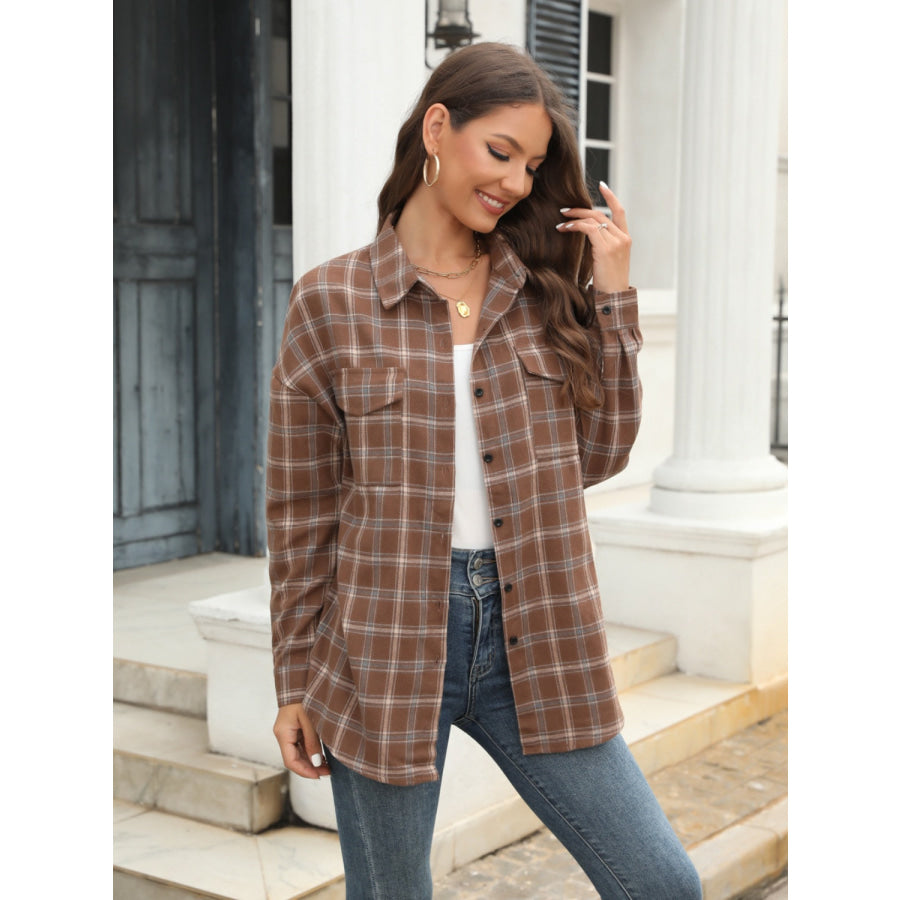 Full Size Plaid Button Up Pocketed Shirt Caramel / S Apparel and Accessories