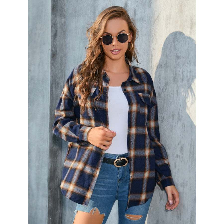 Full Size Plaid Button Up Pocketed Shirt Dark Blue / S Apparel and Accessories