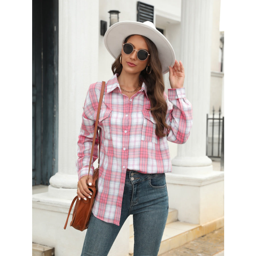 Full Size Plaid Button Up Pocketed Shirt Pink / S Apparel and Accessories