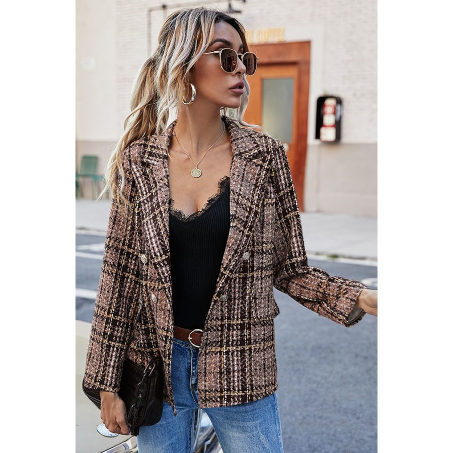Full Size Plaid Buttoned Blazer Brown / S