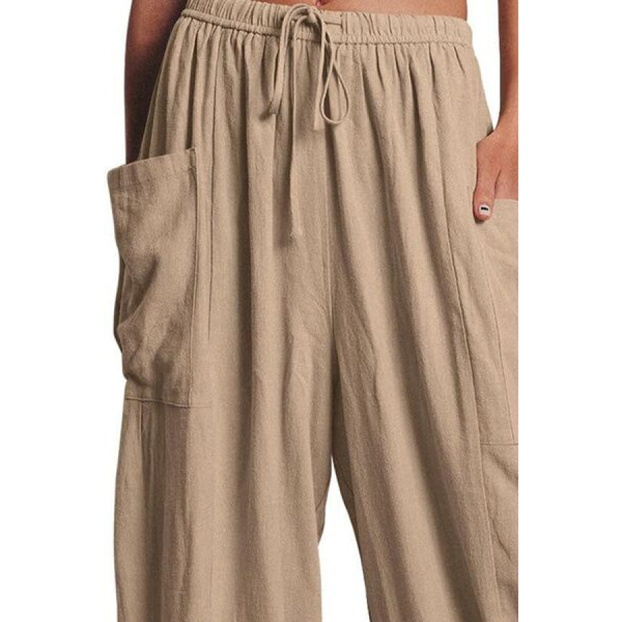Full Size Pocketed Drawstring Wide Leg Pants Apparel and Accessories