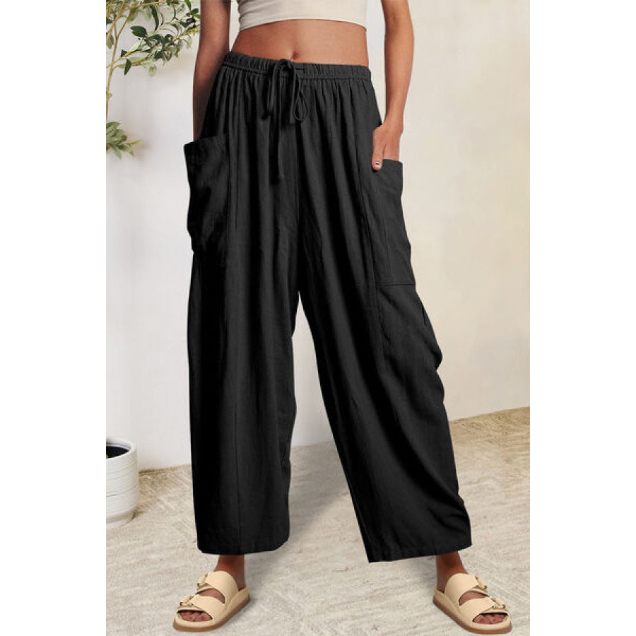 Full Size Pocketed Drawstring Wide Leg Pants Black / S Apparel and Accessories