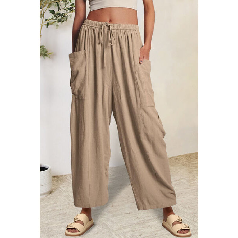 Full Size Pocketed Drawstring Wide Leg Pants Camel / S Apparel and Accessories