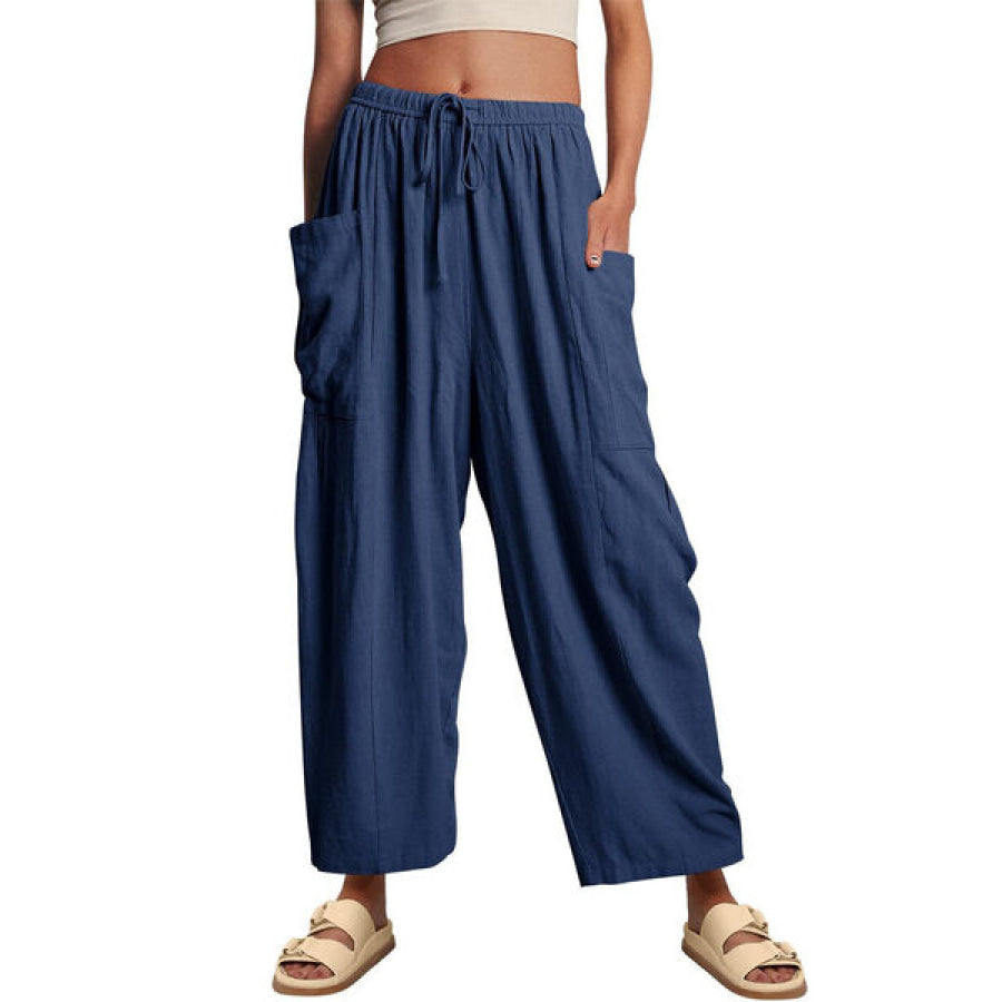 Full Size Pocketed Drawstring Wide Leg Pants Navy / S Apparel and Accessories
