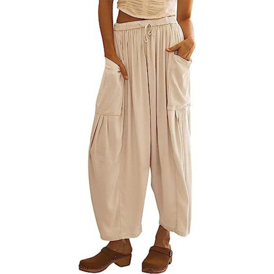Full Size Pocketed Drawstring Wide Leg Pants Sand / S Apparel and Accessories