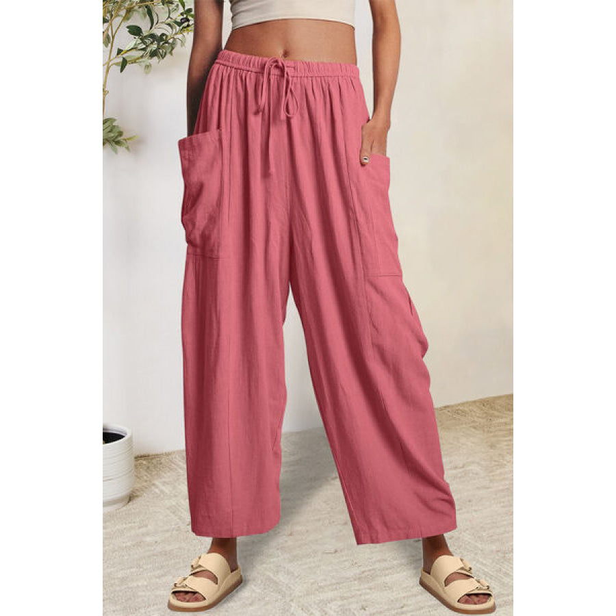 Full Size Pocketed Drawstring Wide Leg Pants Strawberry / S Apparel and Accessories