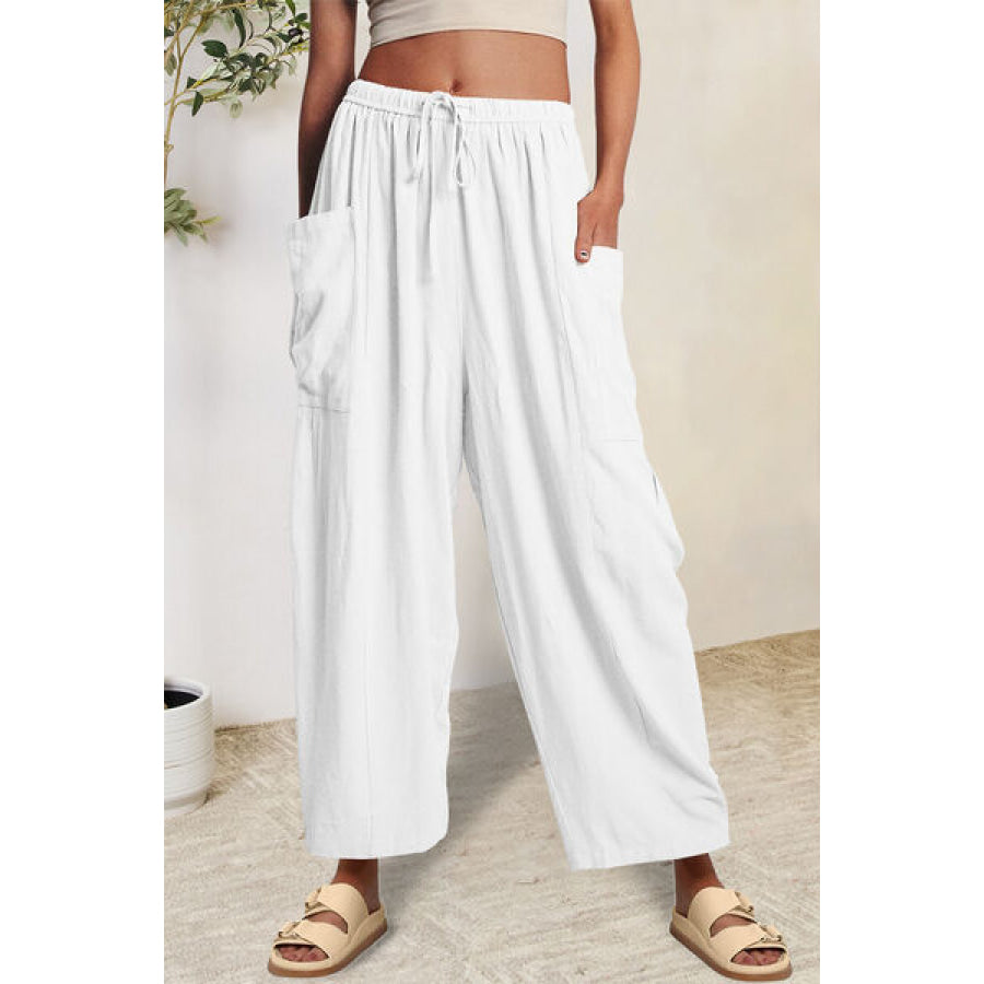 Full Size Pocketed Drawstring Wide Leg Pants White / S Apparel and Accessories