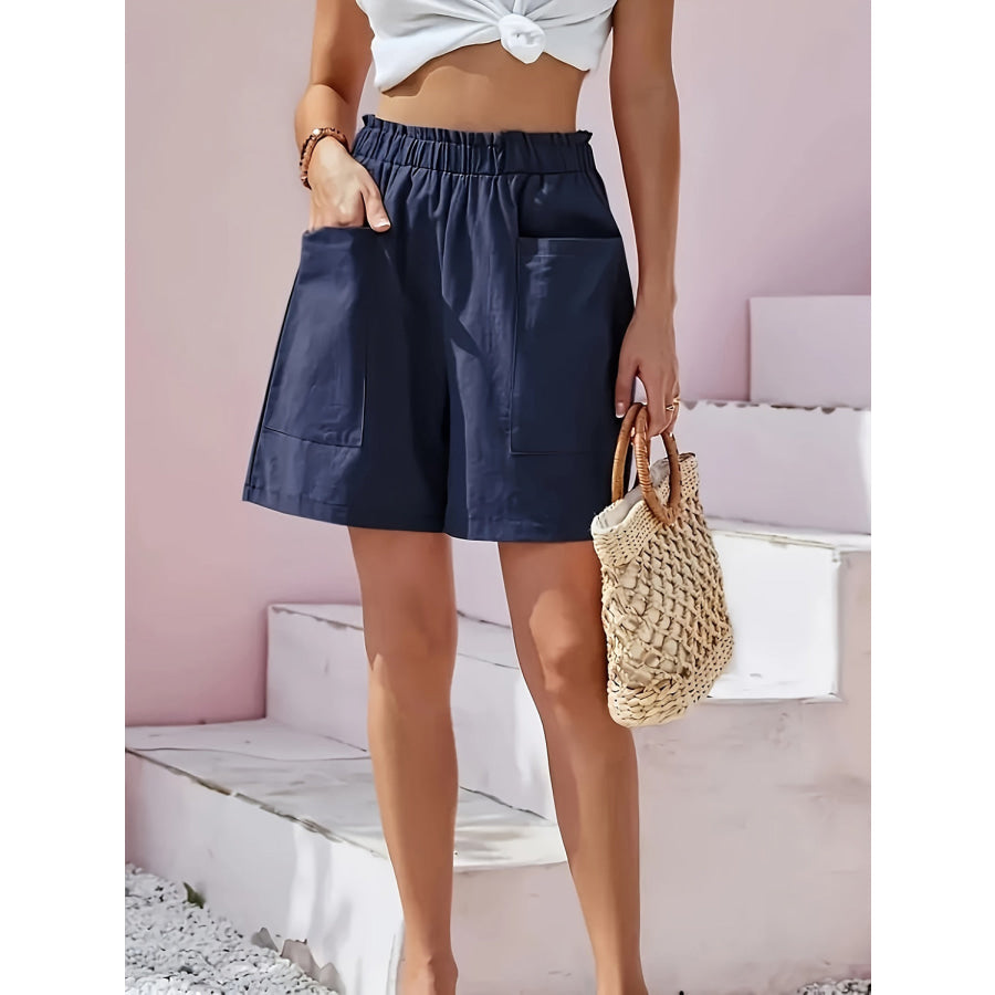 Full Size Pocketed Elastic Waist Shorts Navy / S Apparel and Accessories